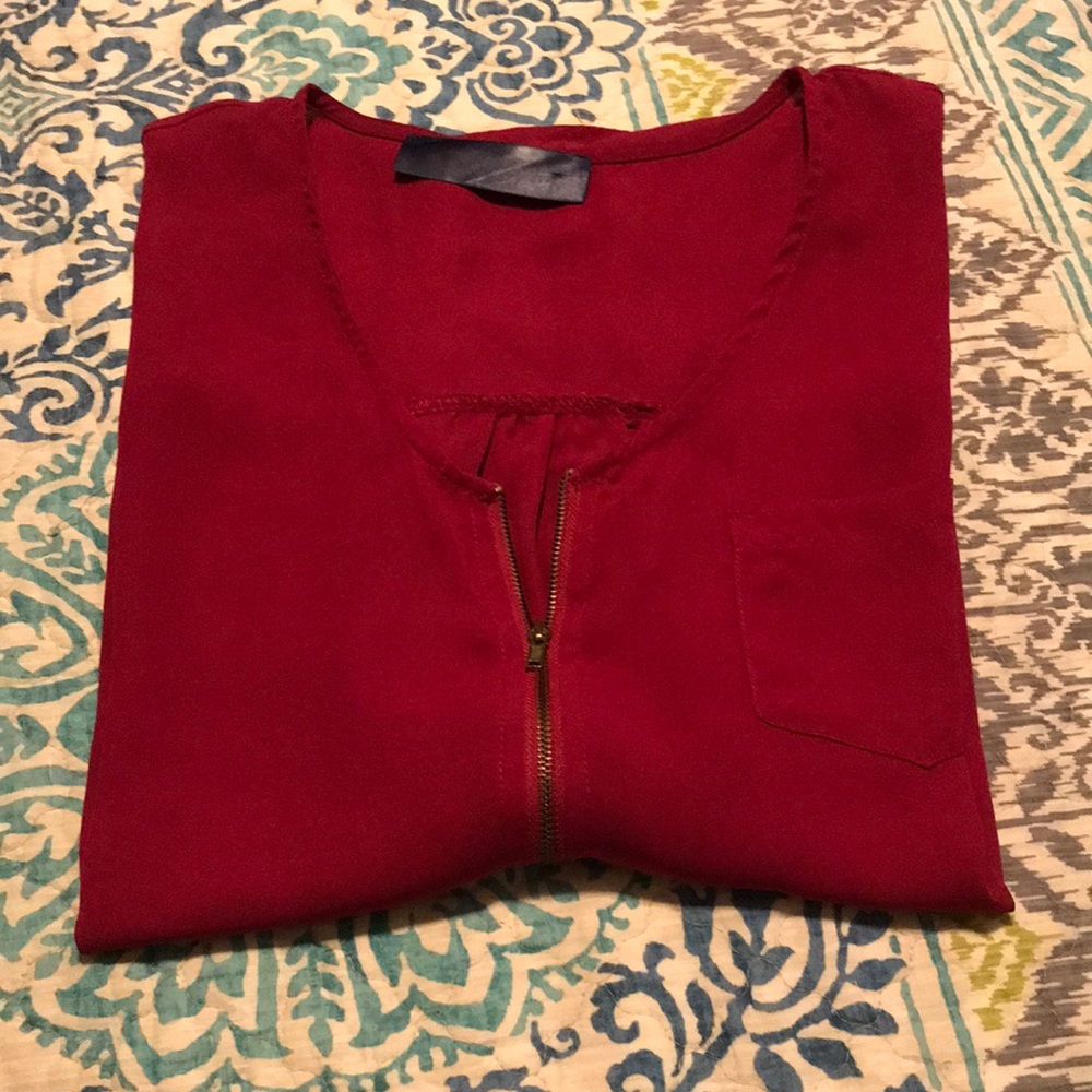 Burgundy Short Sleeve Zip Blouse